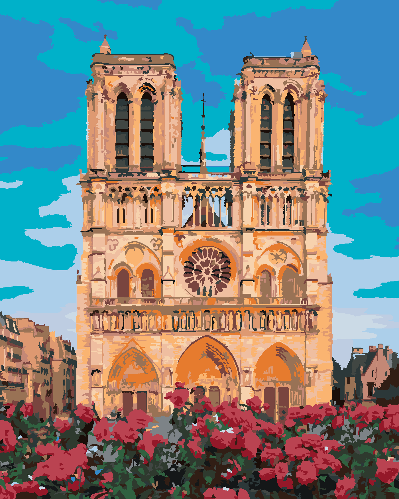 Malování podle čísel - NOTRE DAME V PAŘÍŽI A ČERVENÉ KVĚTINY Rozměr: 40x50 cm, Rámování: vypnuté plátno na rám