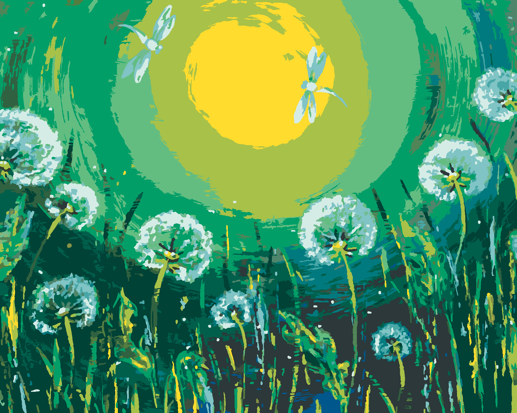 Malování podle čísel - PAMPELIŠKY A VÁŽKY Rozměr: 80x100 cm, Rámování: bez rámu a bez vypnutí plátna