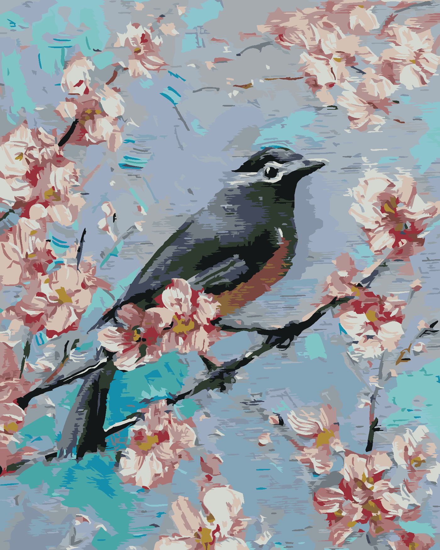 Malování podle čísel - PTÁČEK NA TŘEŠNI Rozměr: 80x100 cm, Rámování: bez rámu a bez vypnutí plátna