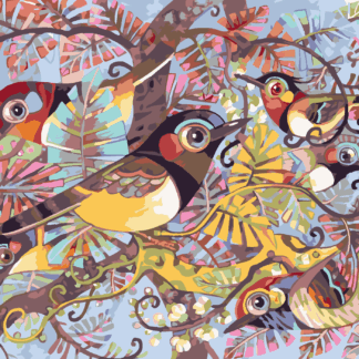 Malování podle čísel - MALOVANÍ PTÁCI VE VĚTVÍCH Rozměr: 80x100 cm, Rámování: bez rámu a bez vypnutí plátna