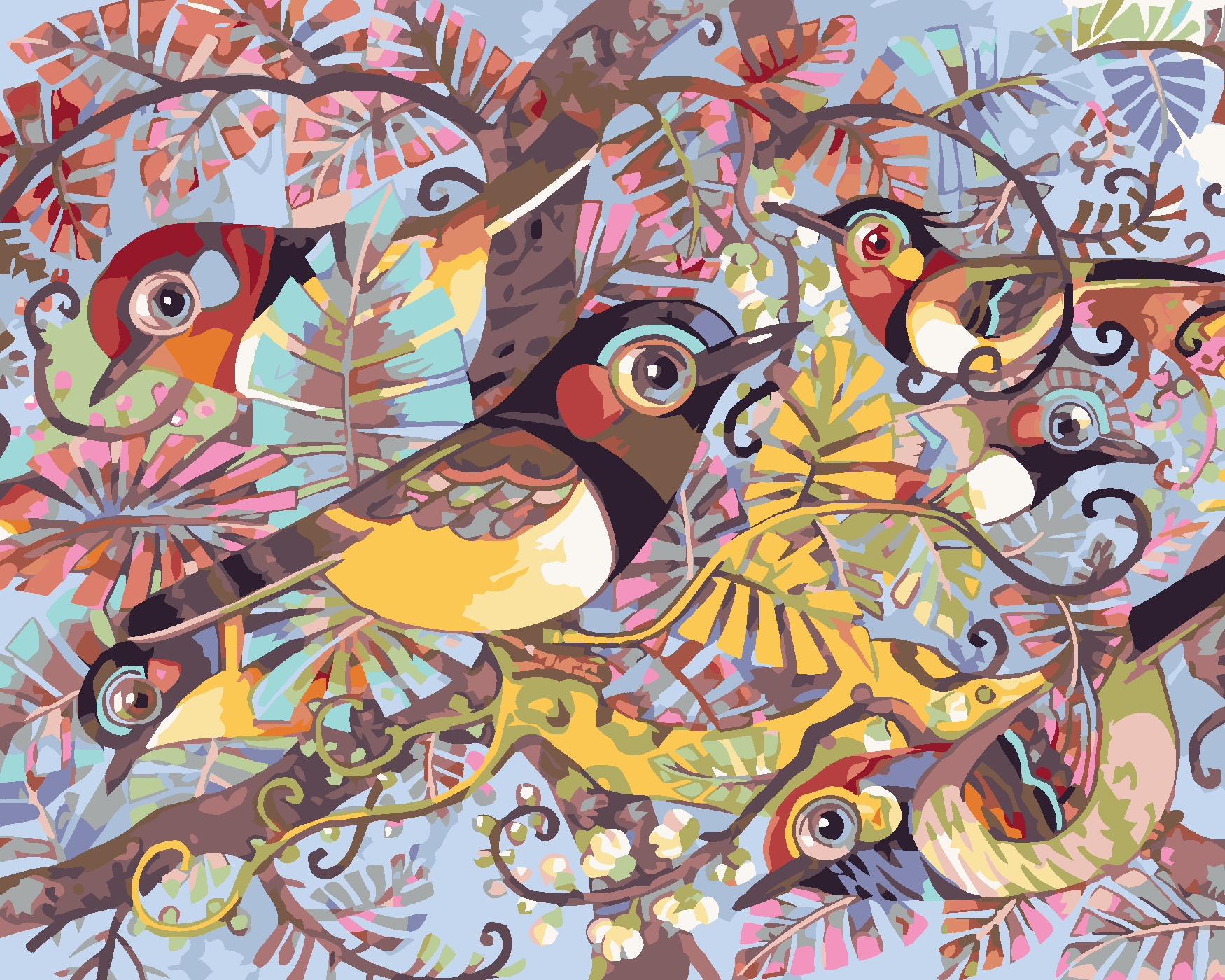 Malování podle čísel - MALOVANÍ PTÁCI VE VĚTVÍCH Rozměr: 80x100 cm, Rámování: bez rámu a bez vypnutí plátna