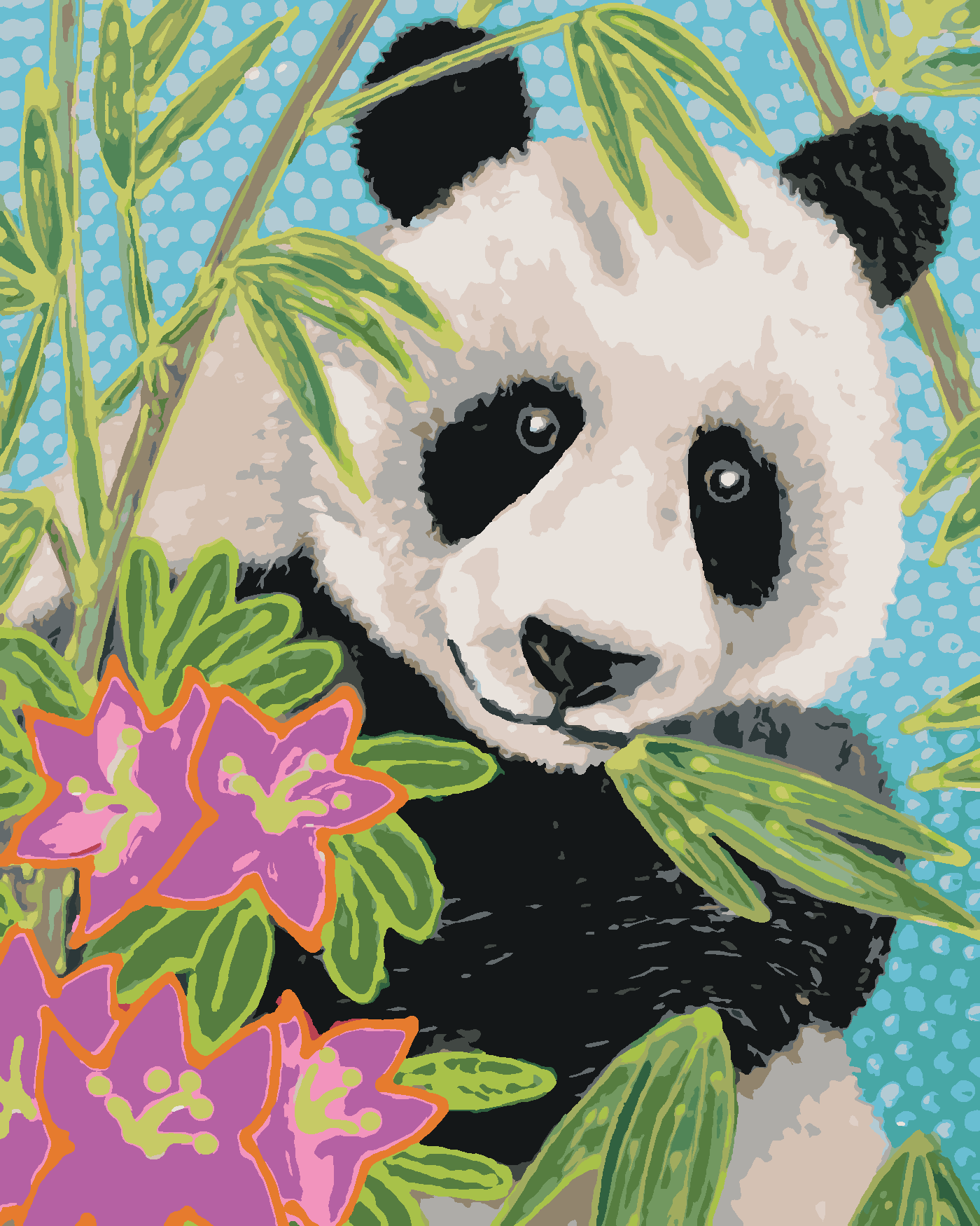 Malování podle čísel - PANDA S BAMBUSEM A KVĚTINAMI Rozměr: 80x100 cm, Rámování: vypnuté plátno na rám