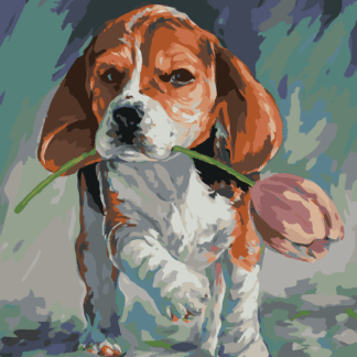 Malování podle čísel - PEJSEK S TULIPÁNEM Rozměr: 40x50 cm, Rámování: vypnuté plátno na rám