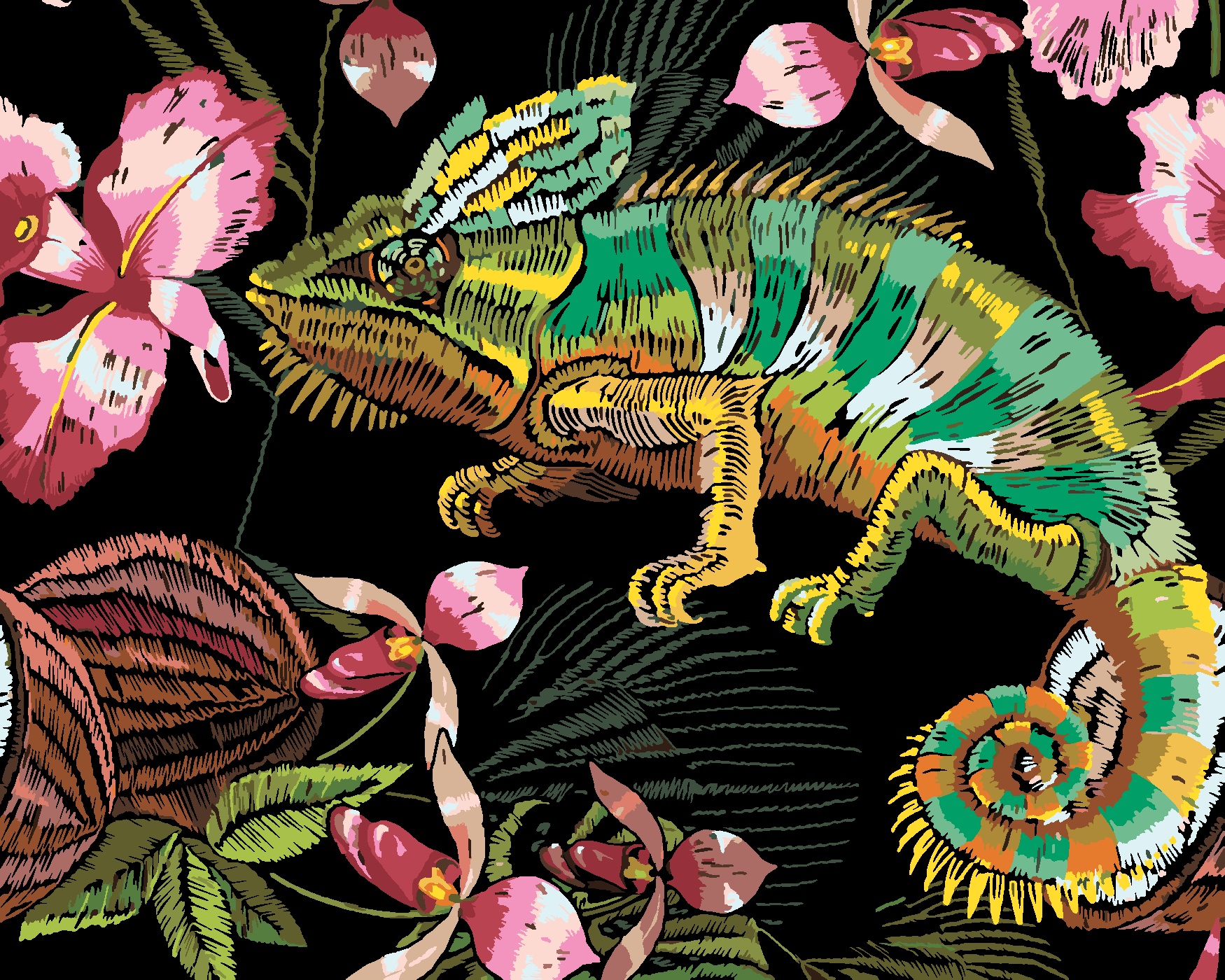Malování podle čísel - CHAMELEON A ORCHIDEJE Rozměr: 40x50 cm, Rámování: bez rámu a bez vypnutí plátna