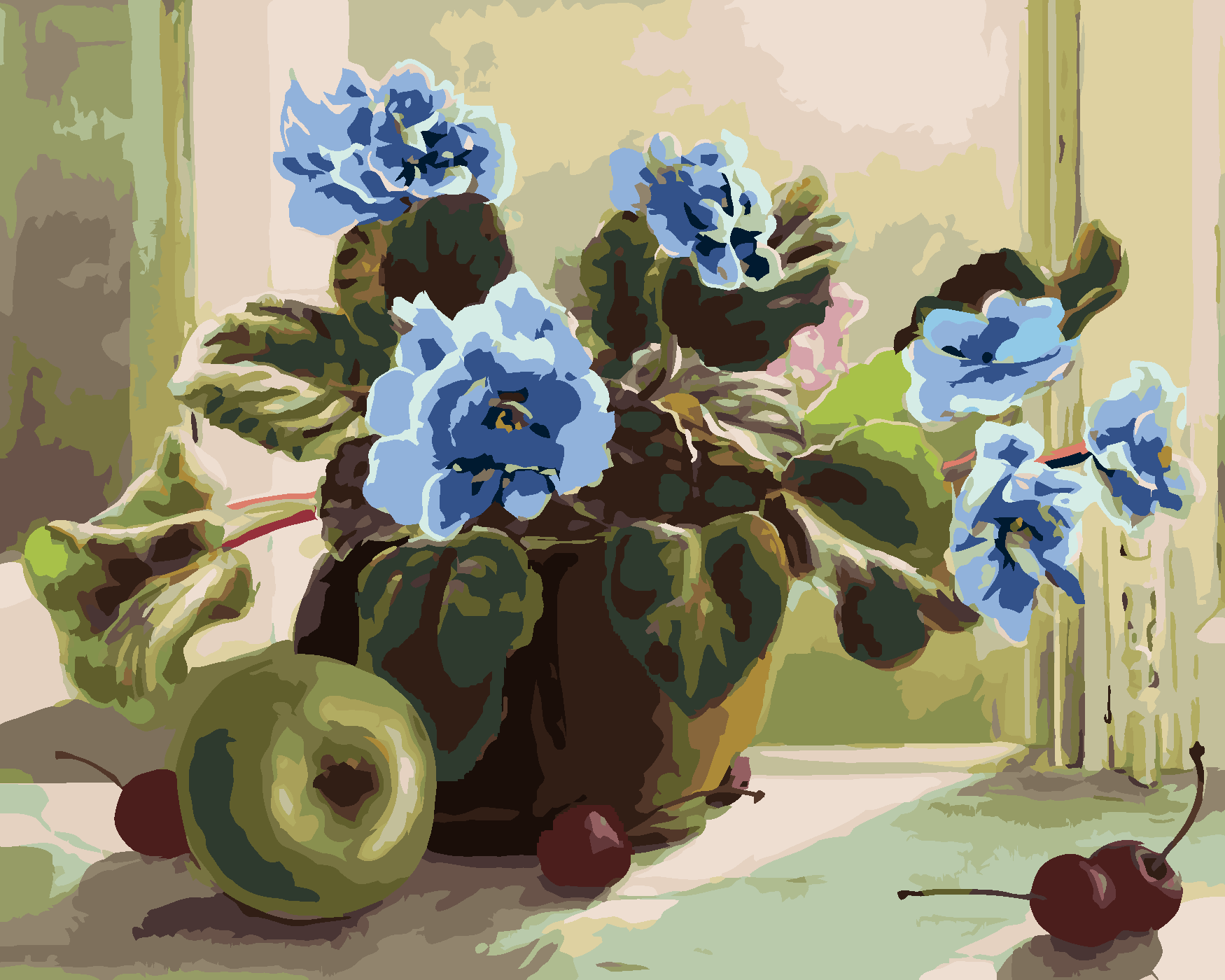 Malování podle čísel - MODRÉ KVĚTINY A OVOCE Rozměr: 40x50 cm, Rámování: vypnuté plátno na rám