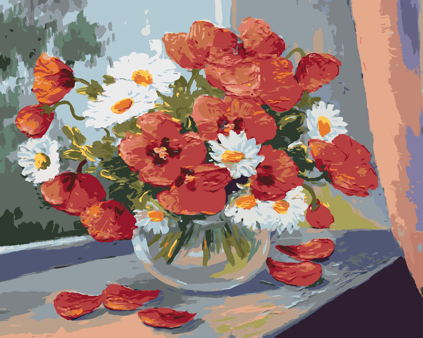 Malování podle čísel - KOPRETINY A VLČÍ MÁKY NA OKNĚ Rozměr: 40x50 cm, Rámování: vypnuté plátno na rám