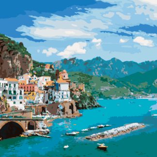 Malování podle čísel - KRAJINA NA POBŘEŽÍ AMALFI V ITÁLII Rozměr: 40x50 cm, Rámování: bez rámu a bez vypnutí plátna