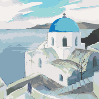 Malování podle čísel - KOSTEL S MODROU KOPULÍ NA SANTORINI Rozměr: 40x50 cm, Rámování: bez rámu a bez vypnutí plátna