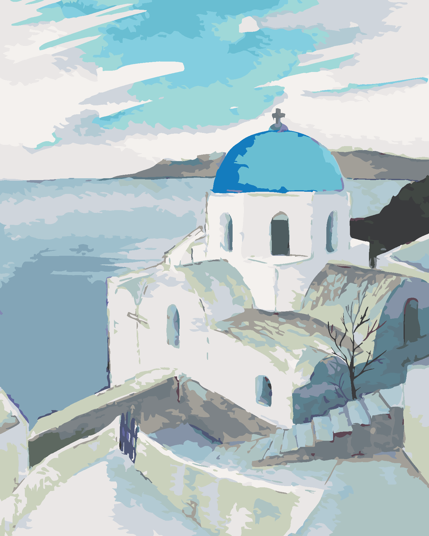 Malování podle čísel - KOSTEL S MODROU KOPULÍ NA SANTORINI Rozměr: 80x100 cm, Rámování: bez rámu a bez vypnutí plátna