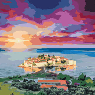 Malování podle čísel - VÝHLED NA SVETI STEFAN Rozměr: 80x100 cm, Rámování: vypnuté plátno na rám