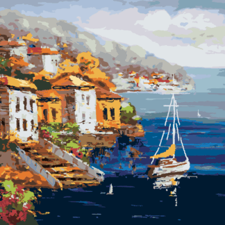 Malování podle čísel - VÝHLED NA PŘÍSTAV V ŘECKU Rozměr: 40x50 cm, Rámování: vypnuté plátno na rám