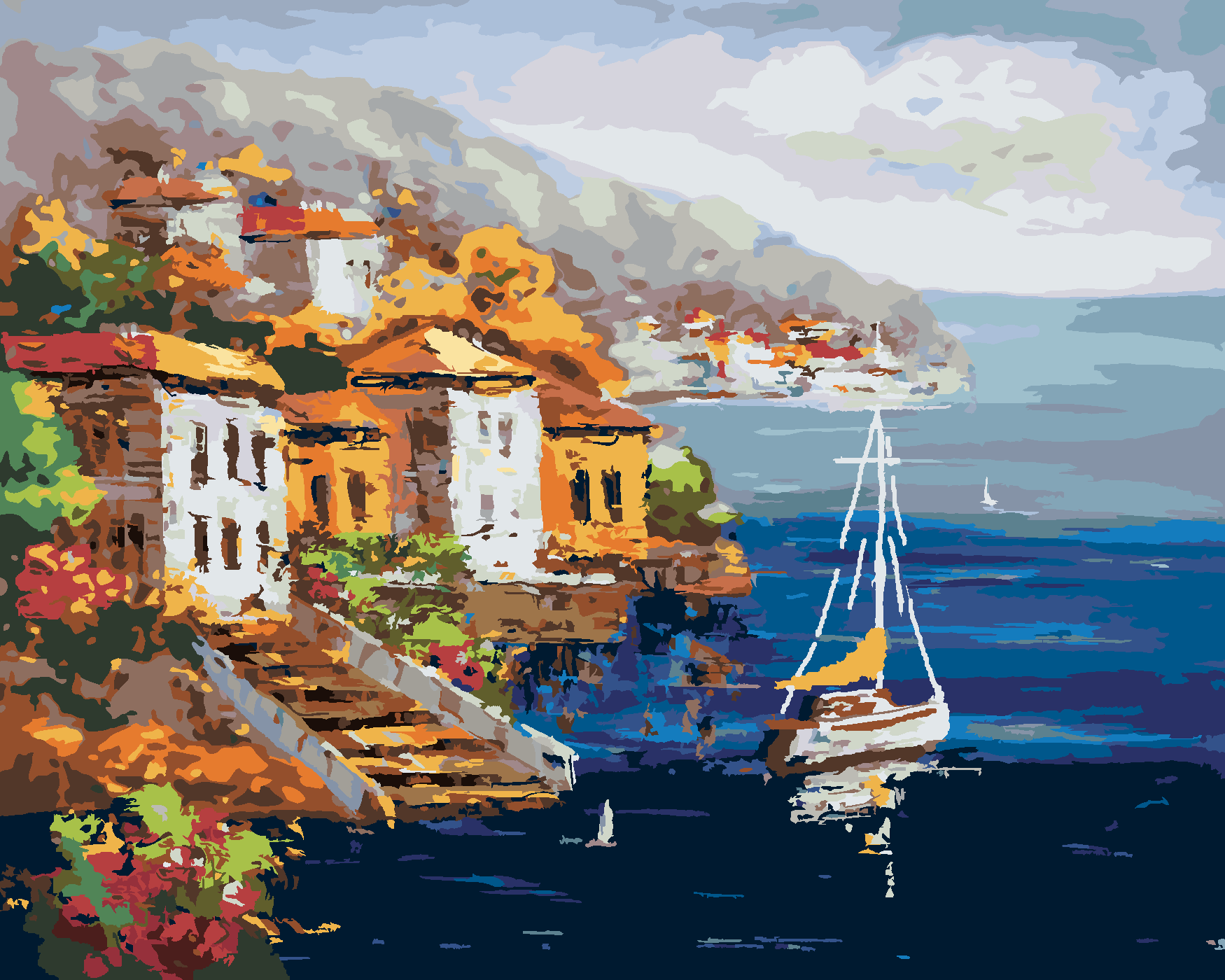Malování podle čísel - VÝHLED NA PŘÍSTAV V ŘECKU Rozměr: 40x50 cm, Rámování: vypnuté plátno na rám