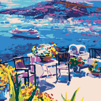 Malování podle čísel - TERASA NA SANTORINI Rozměr: 80x100 cm, Rámování: bez rámu a bez vypnutí plátna