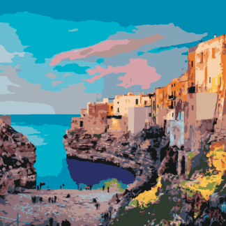 Malování podle čísel - JARNÍ PANORAMA MĚSTA POLIGNANO Rozměr: 40x50 cm, Rámování: vypnuté plátno na rám