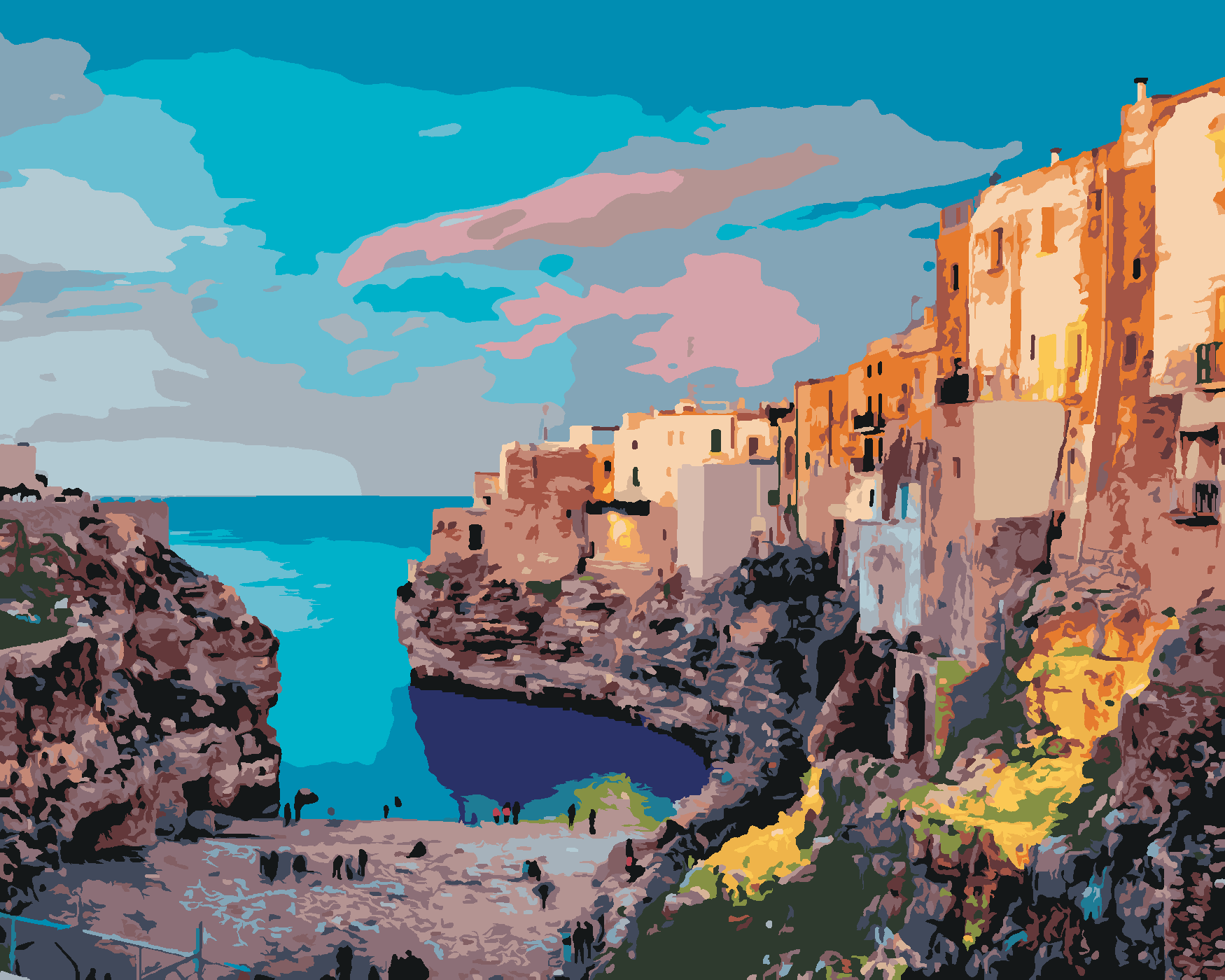Malování podle čísel - JARNÍ PANORAMA MĚSTA POLIGNANO Rozměr: 40x50 cm, Rámování: vypnuté plátno na rám