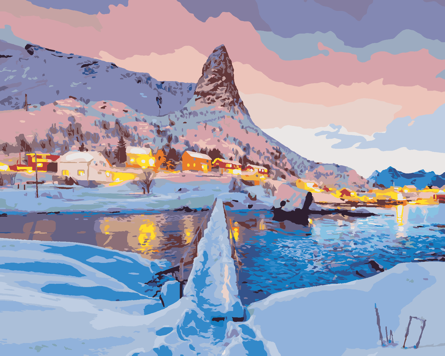 Malování podle čísel - ZÁPAD SLUNCE NA VRCHOLKU HAMMARSKAFTET Rozměr: 40x50 cm, Rámování: bez rámu a bez vypnutí plátna