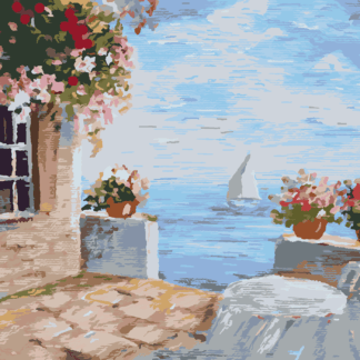 Malování podle čísel - TERASA S KVĚTINAMI U MOŘE Rozměr: 40x50 cm, Rámování: vypnuté plátno na rám