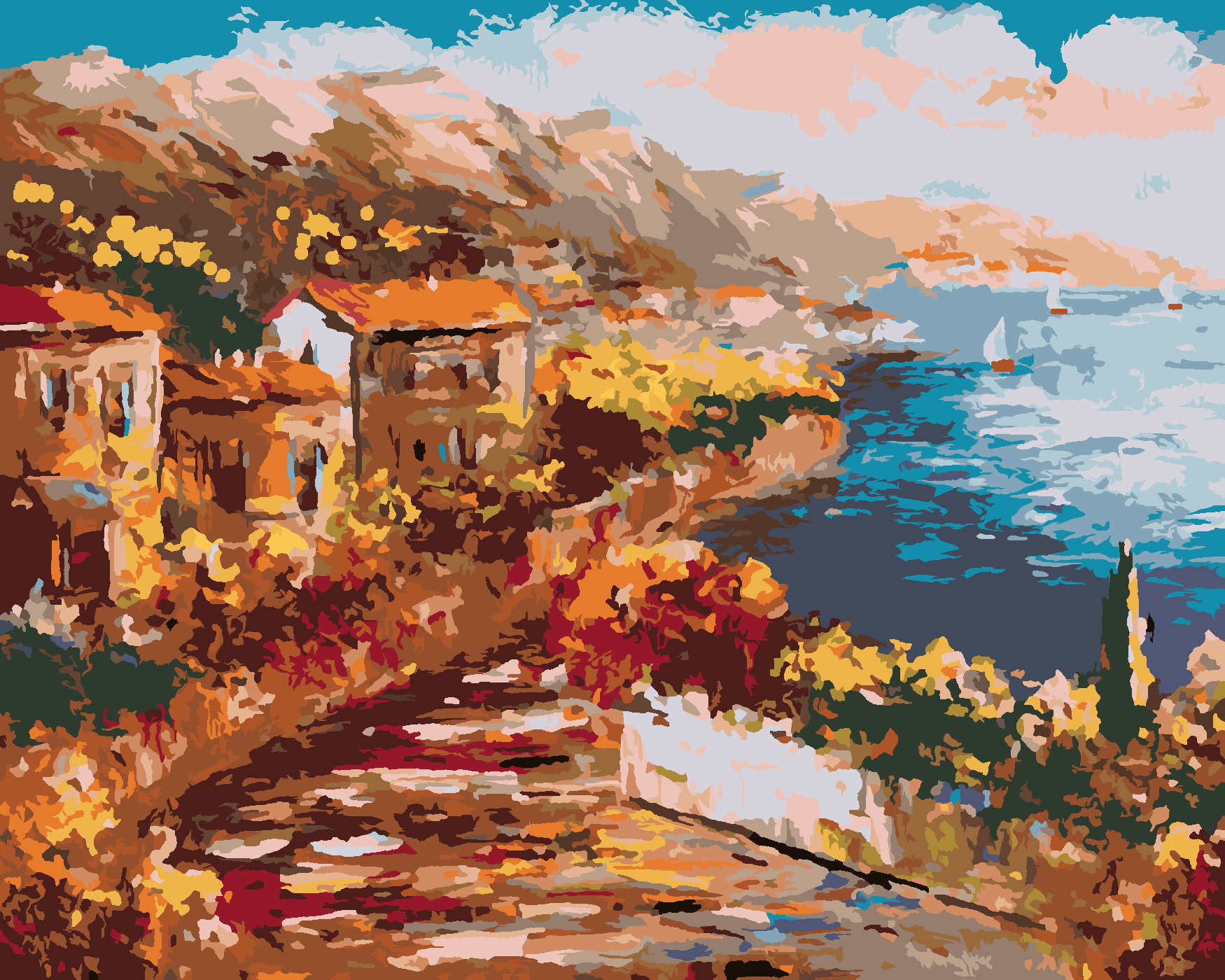 Malování podle čísel - VÝHLED Z ŘECKÉHO PŘISTAVU Rozměr: 40x50 cm, Rámování: bez rámu a bez vypnutí plátna