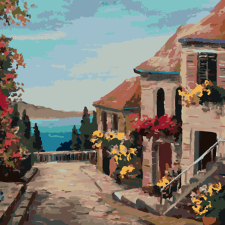 Malování podle čísel - DOMY BLÍZKO MOŘE Rozměr: 40x50 cm, Rámování: bez rámu a bez vypnutí plátna