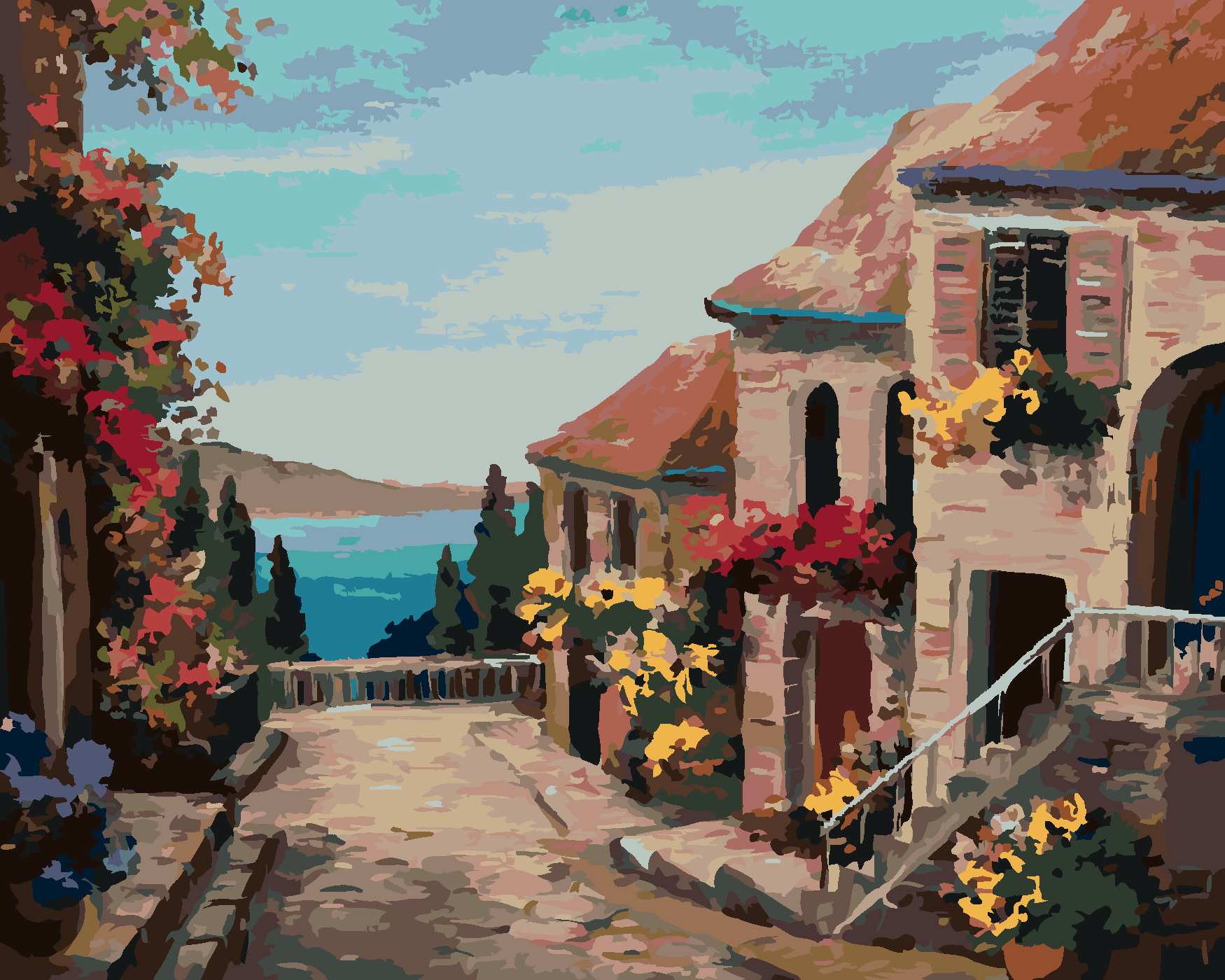 Malování podle čísel - DOMY BLÍZKO MOŘE Rozměr: 40x50 cm, Rámování: vypnuté plátno na rám
