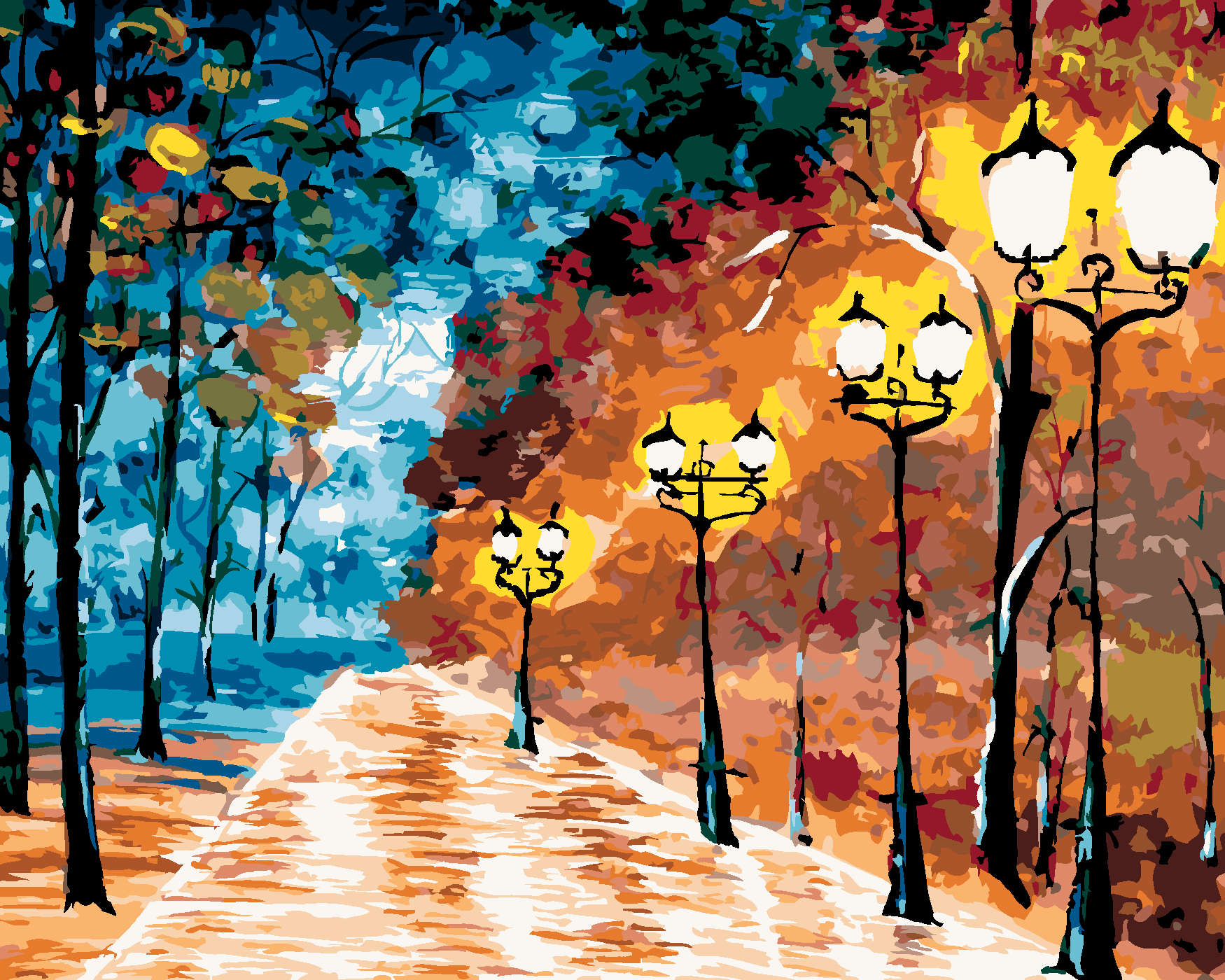 Malování podle čísel - OSAMĚLÝ OSVĚTLENÝ PARK Rozměr: 80x100 cm, Rámování: bez rámu a bez vypnutí plátna