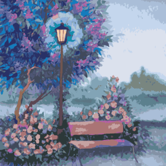 Malování podle čísel - LAVIČKA U SVÍTÍCÍ LAMPY Rozměr: 40x50 cm, Rámování: vypnuté plátno na rám