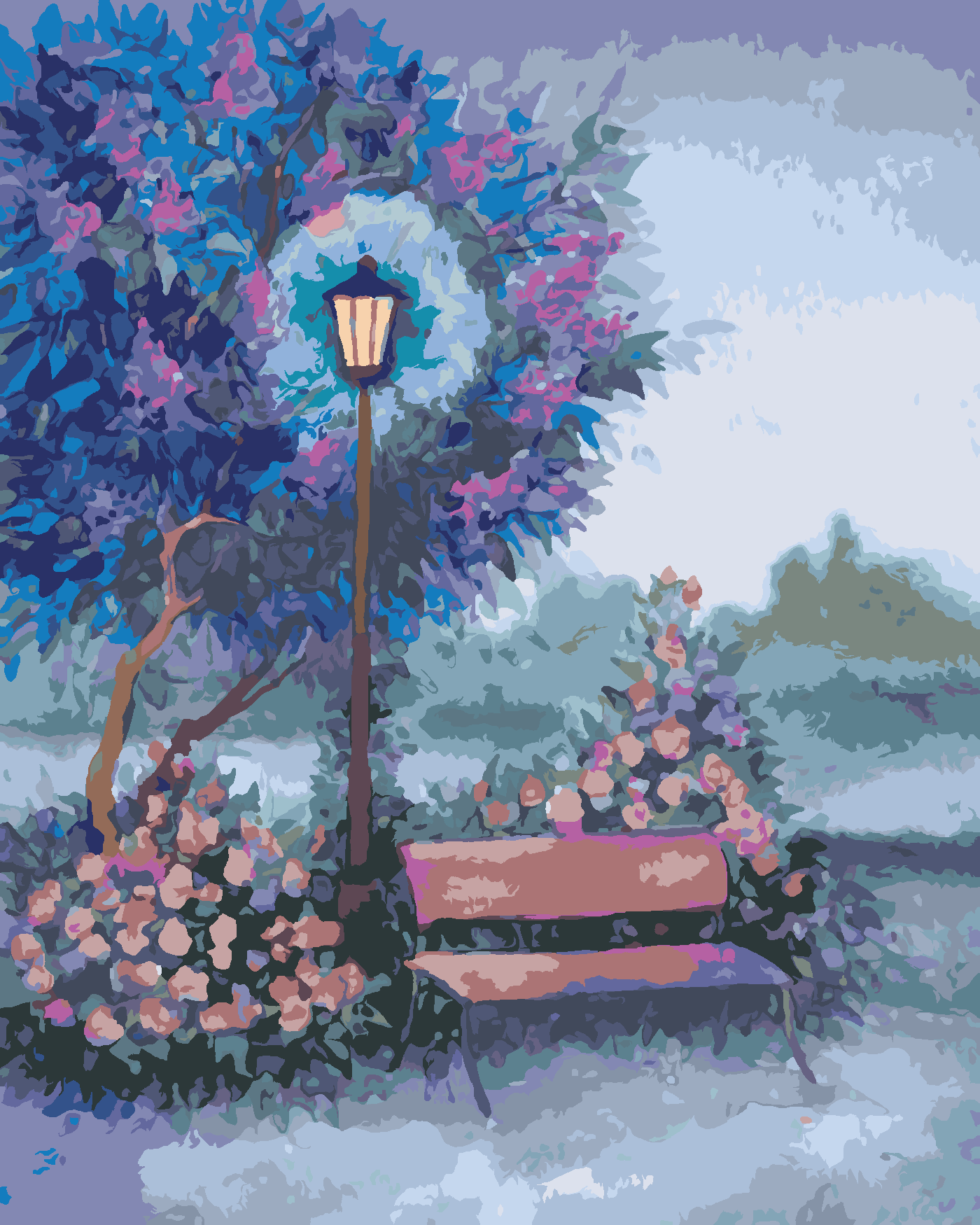 Malování podle čísel - LAVIČKA U SVÍTÍCÍ LAMPY Rozměr: 40x50 cm, Rámování: vypnuté plátno na rám