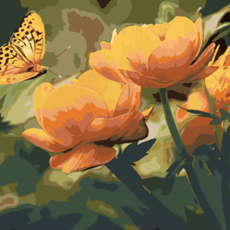 Malování podle čísel - MOTÝL A ORANŽOVĚ KVĚTINY Rozměr: 80x100 cm, Rámování: bez rámu a bez vypnutí plátna