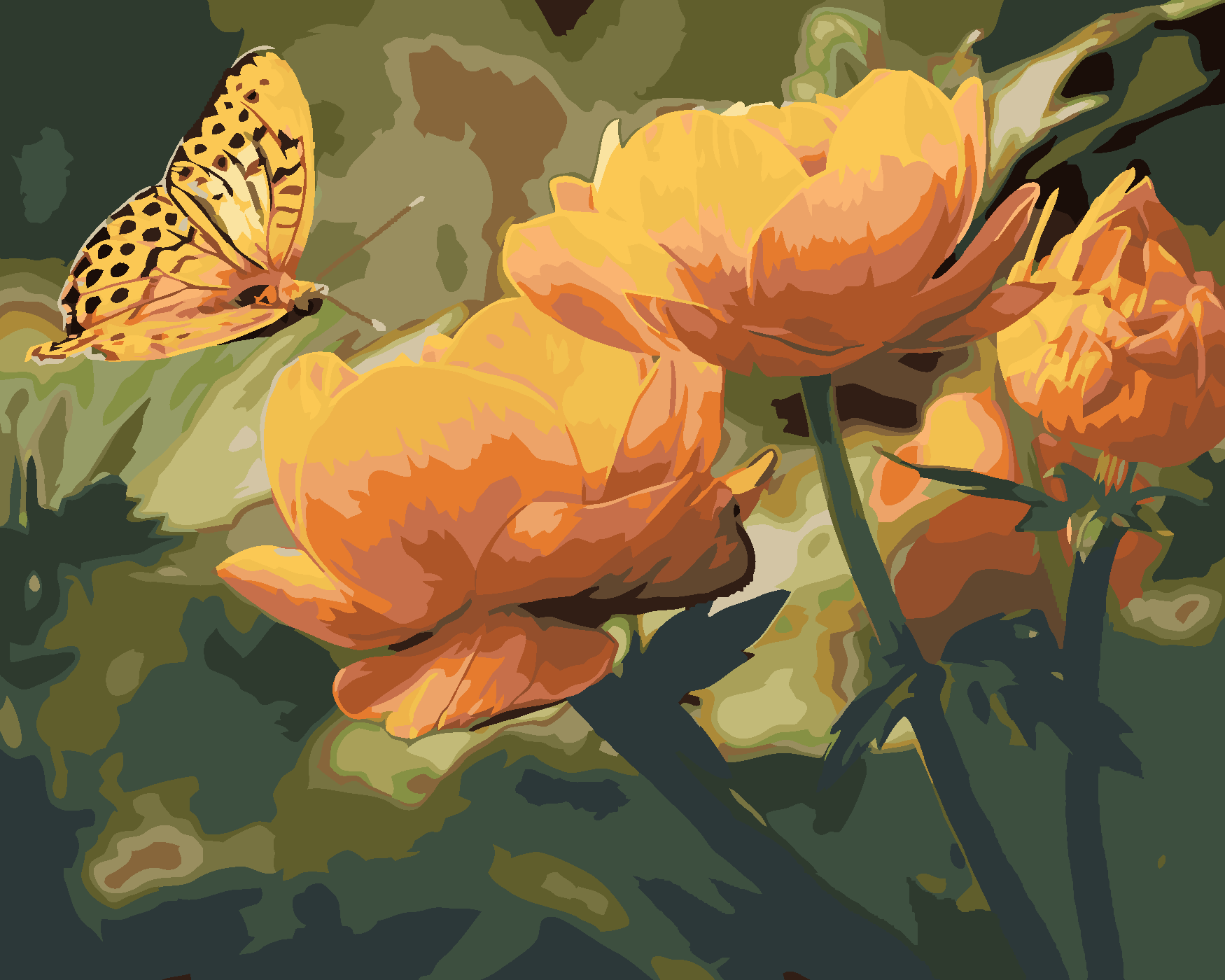 Malování podle čísel - MOTÝL A ORANŽOVĚ KVĚTINY Rozměr: 80x100 cm, Rámování: bez rámu a bez vypnutí plátna