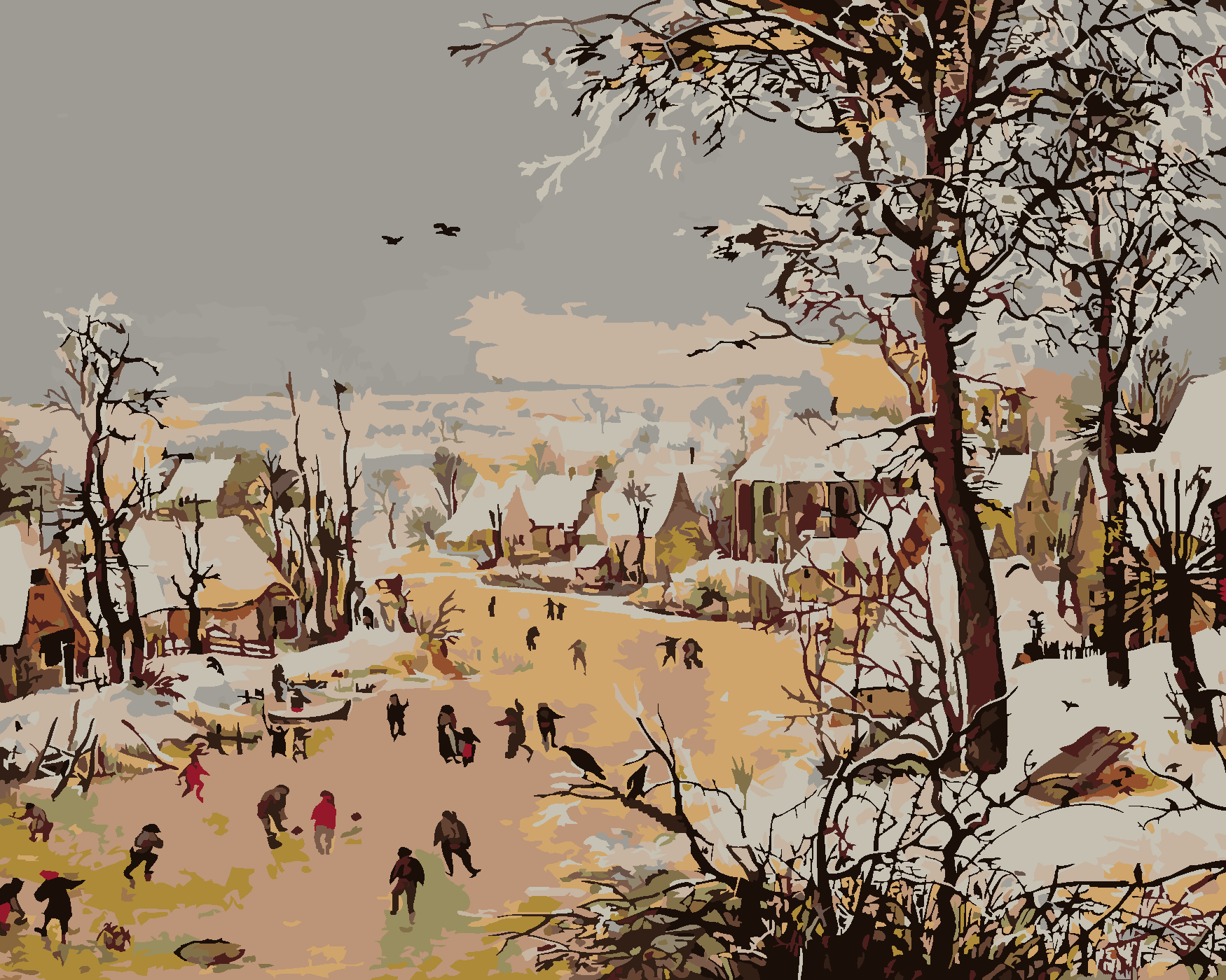 Malování podle čísel - ZIMNÍ KRAJINA S PASTÍ NA PTÁKY (PIETER BRUEGEL) Rozměr: 40x50 cm, Rámování: vypnuté plátno na rám