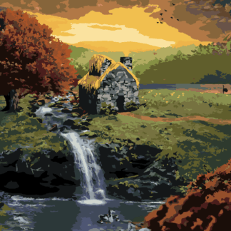 Malování podle čísel - LESNÍ CHATIČKA S POTŮČKEM Rozměr: 40x50 cm, Rámování: bez rámu a bez vypnutí plátna