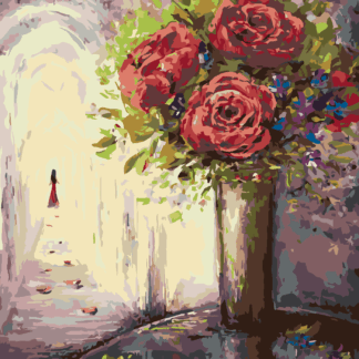 Malování podle čísel - RŮŽE VE VÁZE A ŽENA V DÁLI Rozměr: 40x50 cm, Rámování: vypnuté plátno na rám