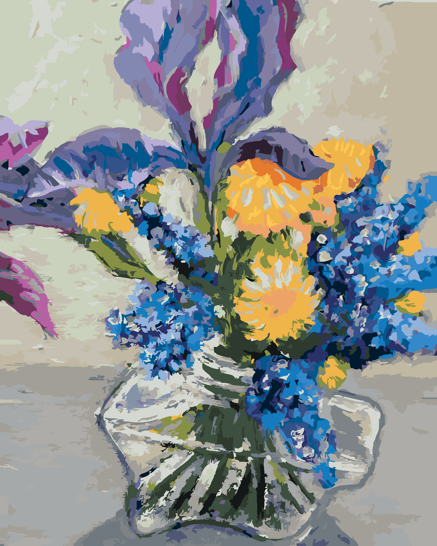 Malování podle čísel - KOSATCE A PAMPELIŠKY VE VÁZE Rozměr: 40x50 cm, Rámování: bez rámu a bez vypnutí plátna
