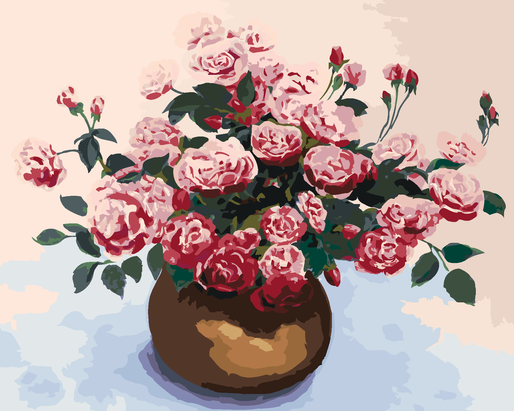 Malování podle čísel - RŮŽE V HNĚDÉ KERAMICKÉ VÁZE Rozměr: 40x50 cm, Rámování: vypnuté plátno na rám