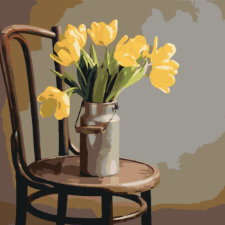 Malování podle čísel - ŽLUTÉ TULIPÁNY V KONVICI NA MLÉKO NA ŽIDLI Rozměr: 40x50 cm, Rámování: vypnuté plátno na rám
