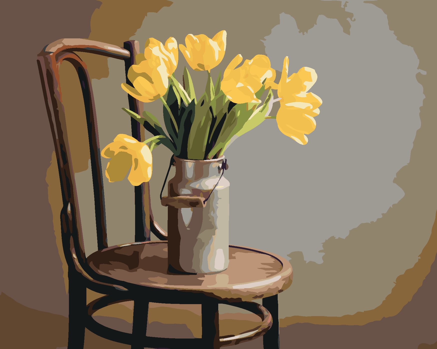 Malování podle čísel - ŽLUTÉ TULIPÁNY V KONVICI NA MLÉKO NA ŽIDLI Rozměr: 40x50 cm, Rámování: vypnuté plátno na rám