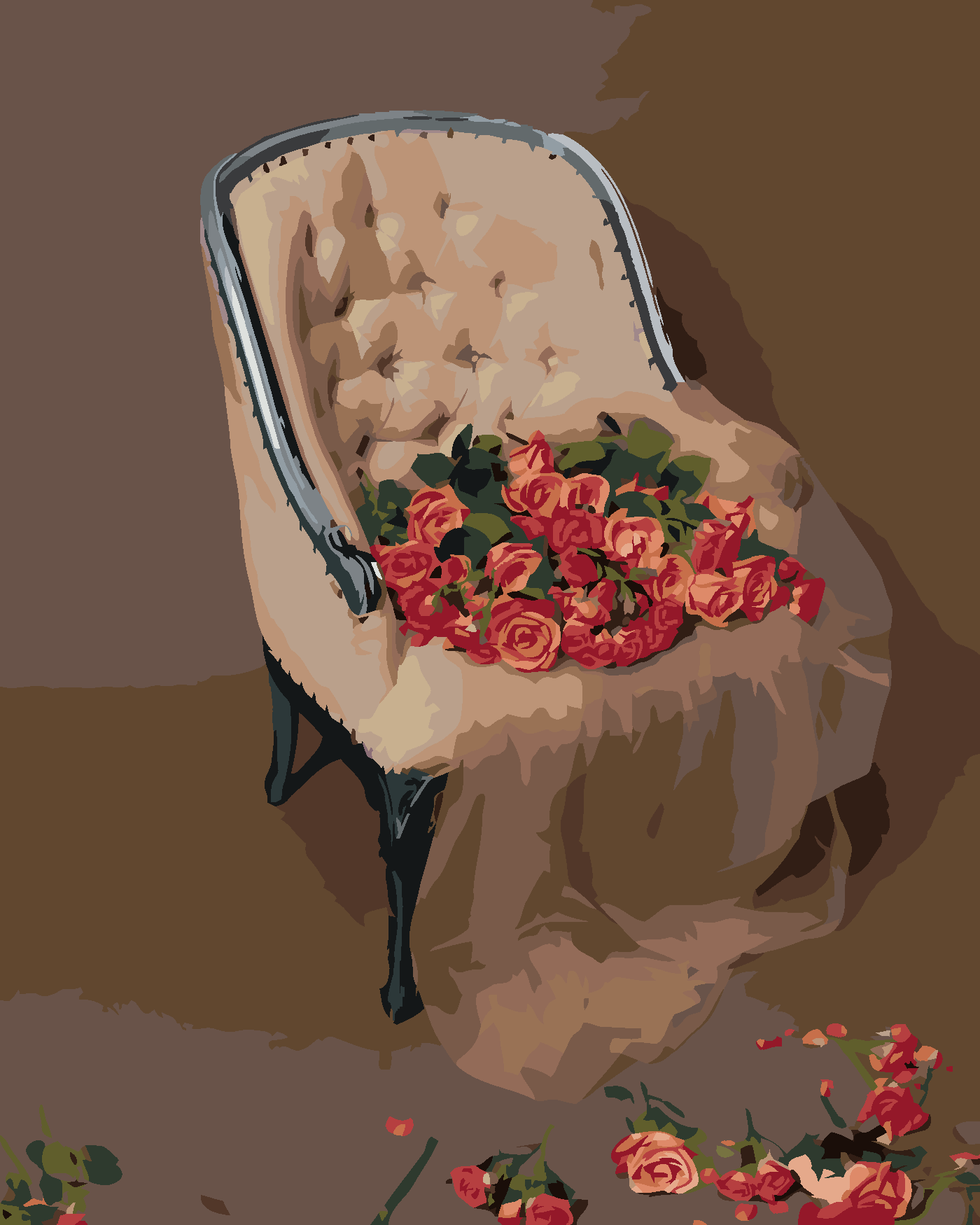 Malování podle čísel - RŮŽE NA SAMETOVÉM KŘESLE Rozměr: 80x100 cm, Rámování: vypnuté plátno na rám