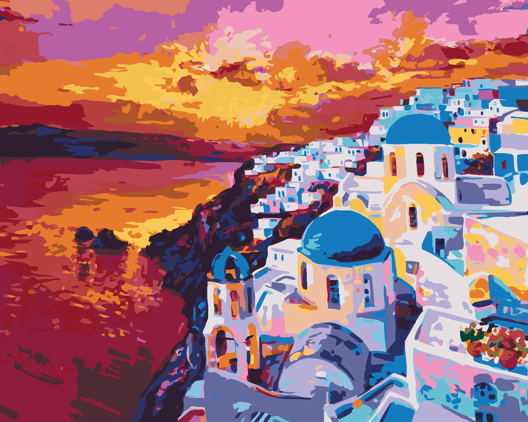 Malování podle čísel - ZÁPAD SLUNCE NA SANTORINI Rozměr: 40x50 cm, Rámování: vypnuté plátno na rám