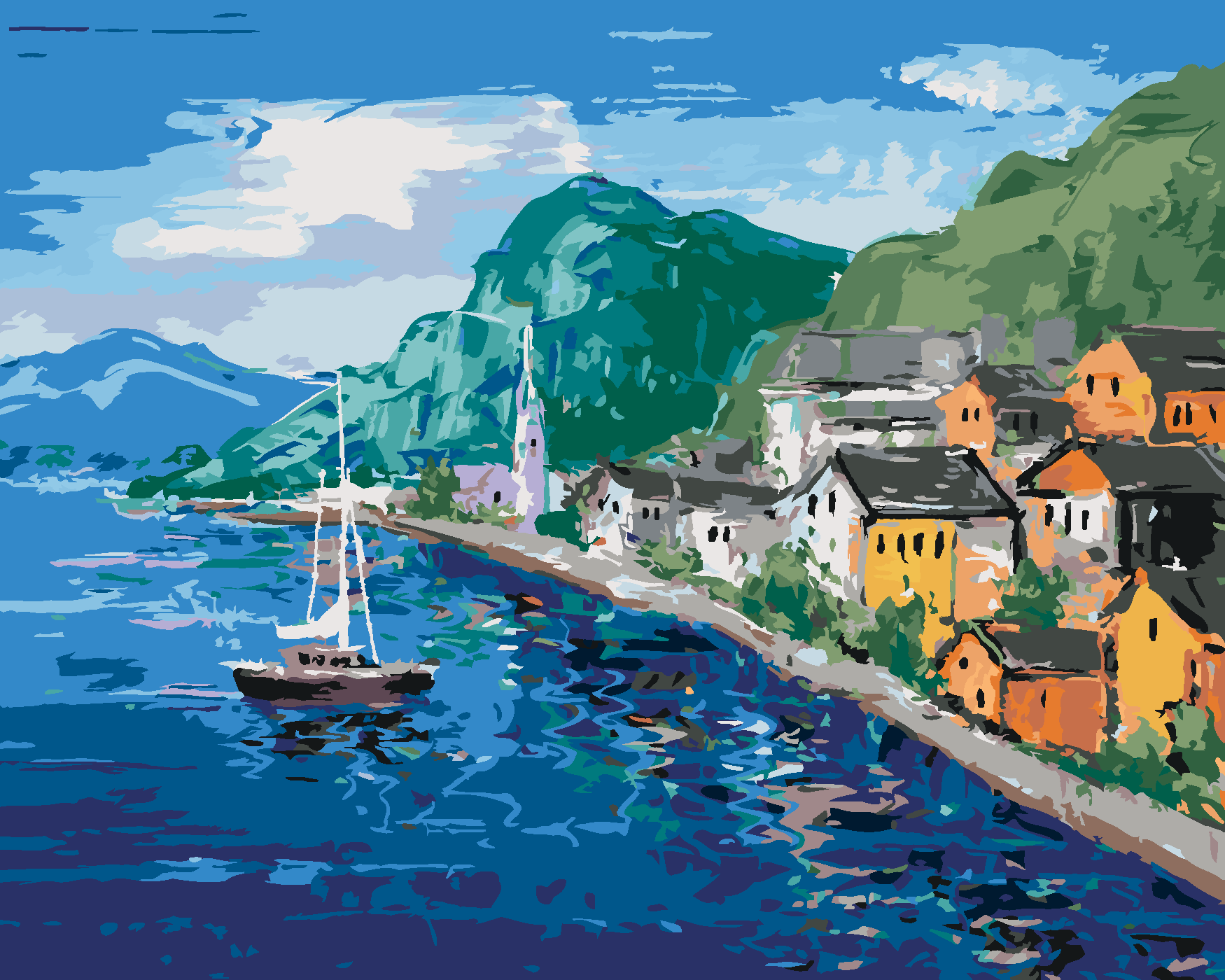 Malování podle čísel - POBŘEŽÍ U HALLSTATT V RAKOUSKU Rozměr: 80x100 cm, Rámování: bez rámu a bez vypnutí plátna
