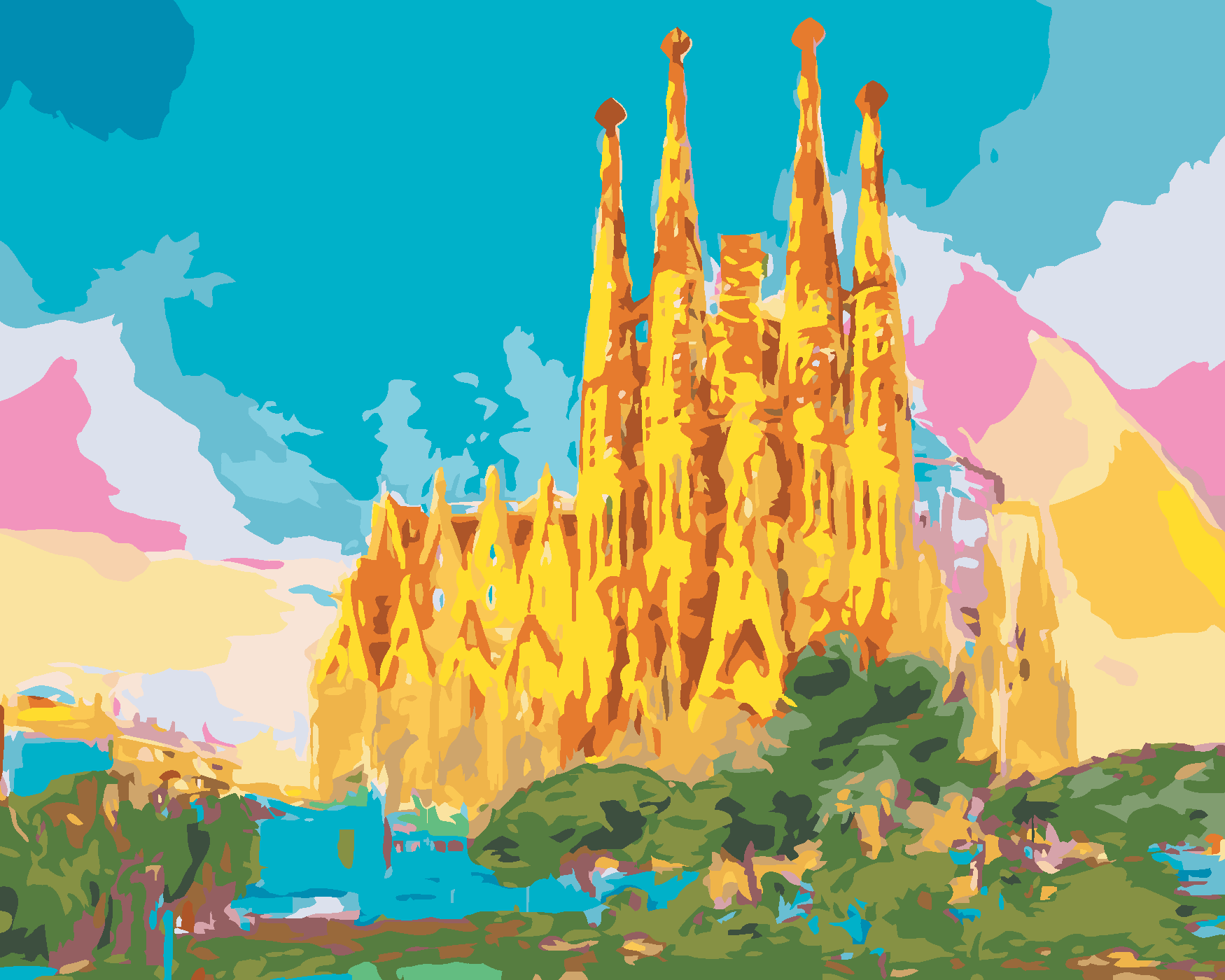 Malování podle čísel - DUHOVÁ SAGRADA FAMILIA Rozměr: 80x100 cm, Rámování: vypnuté plátno na rám