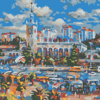 Malování podle čísel - VLAKOVÉ NÁDRAŽÍ V SOCHI Rozměr: 40x50 cm, Rámování: vypnuté plátno na rám
