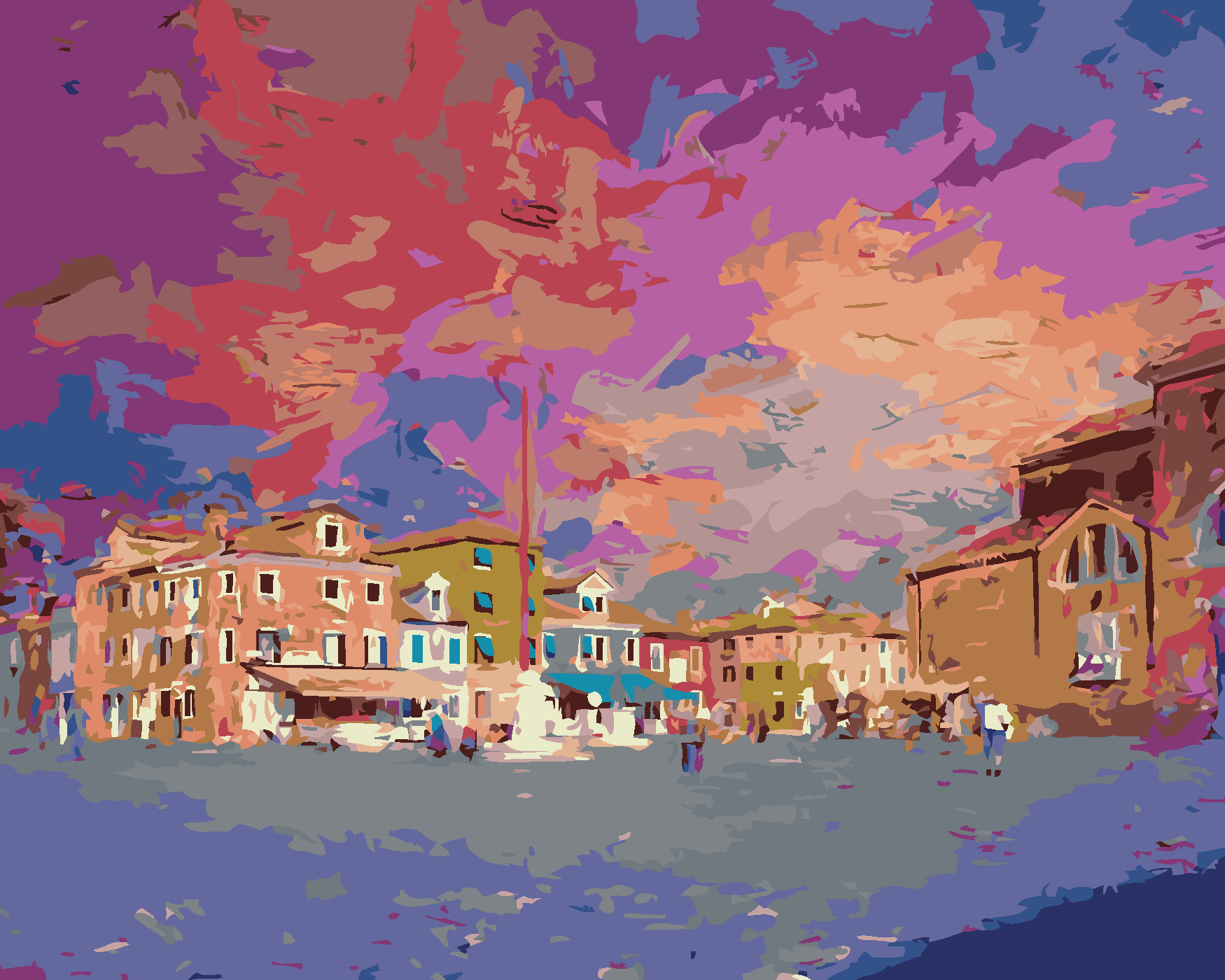 Malování podle čísel - NÁMĚSTÍ NA OSTROVĚ BURANO Rozměr: 80x100 cm, Rámování: vypnuté plátno na rám