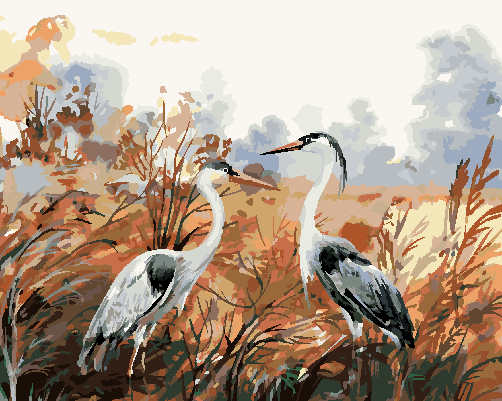 Malování podle čísel - PODZIMNÍ KRAJINA S JEŘÁBY Rozměr: 40x50 cm, Rámování: bez rámu a bez vypnutí plátna