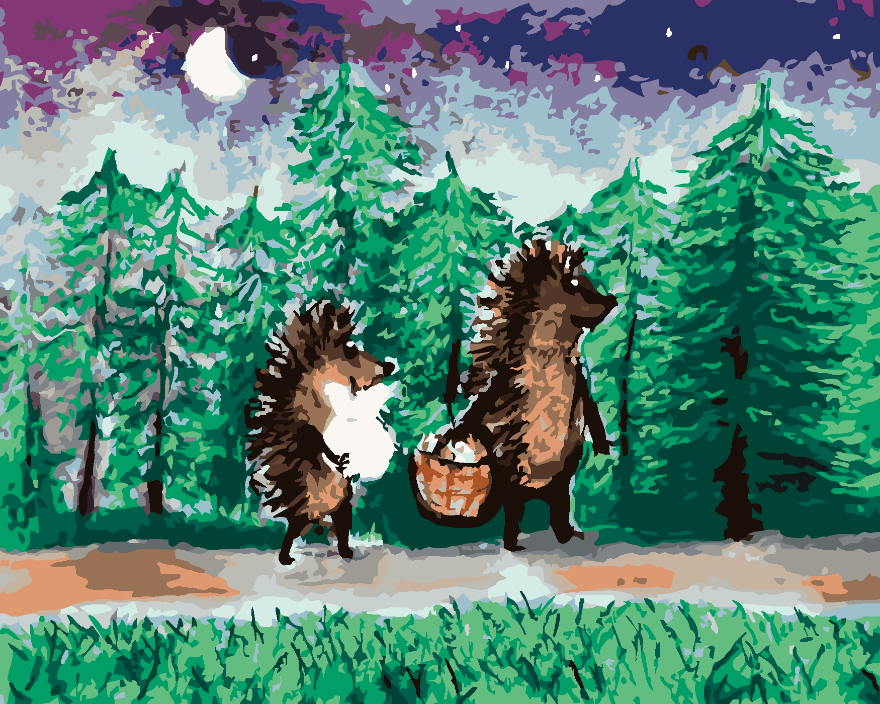 Malování podle čísel - JEŽEK S KAMARÁDEM NA HŘIBECH Rozměr: 80x100 cm, Rámování: vypnuté plátno na rám
