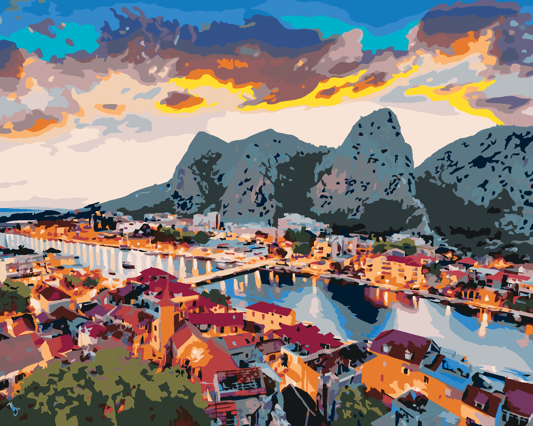 Malování podle čísel - VEČERNÍ PANORAMA MĚSTA OMIŠ Rozměr: 40x50 cm, Rámování: vypnuté plátno na rám