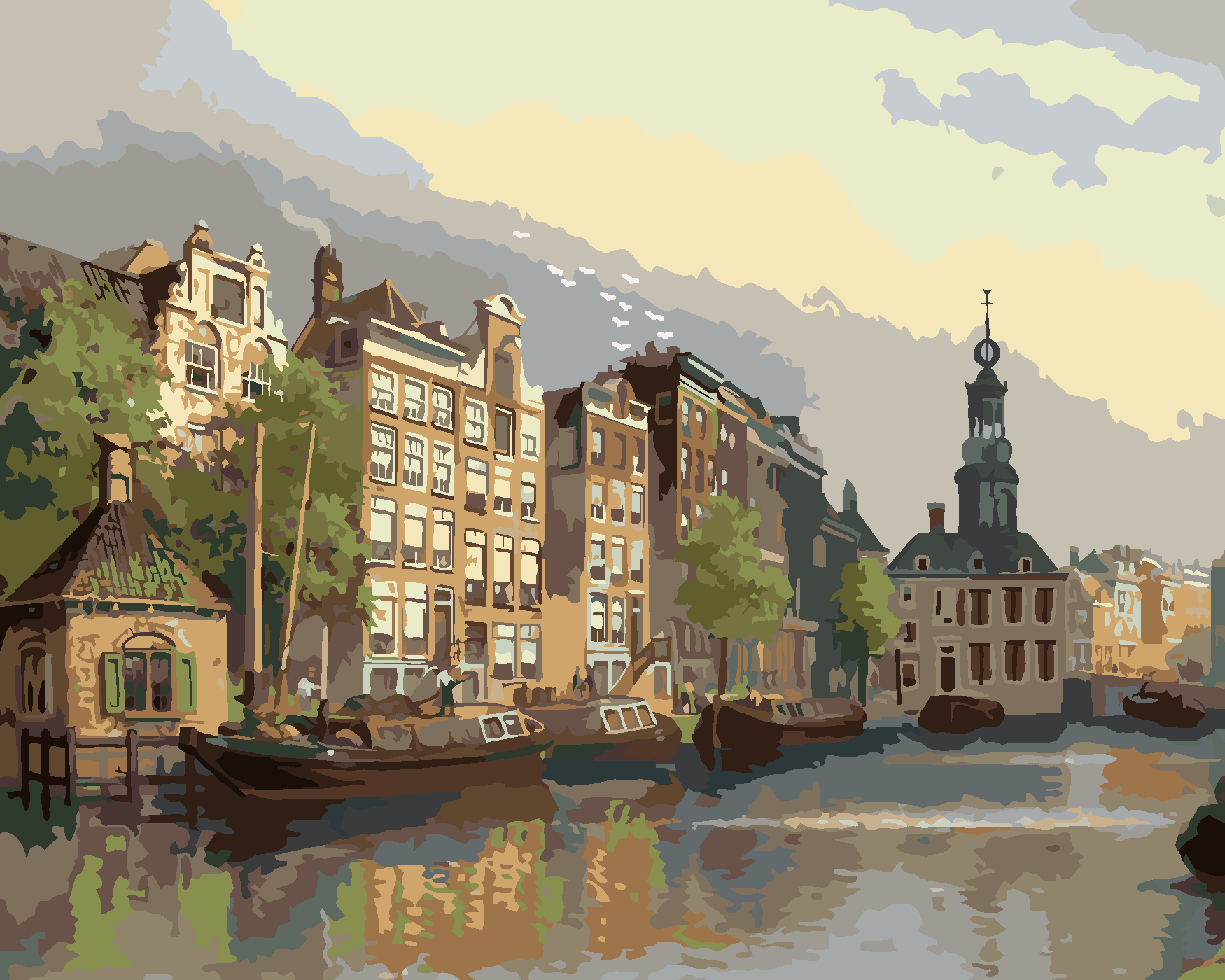 Malování podle čísel - POHLED NA MINCOVNU V AMSTERDAMU Rozměr: 80x100 cm, Rámování: bez rámu a bez vypnutí plátna
