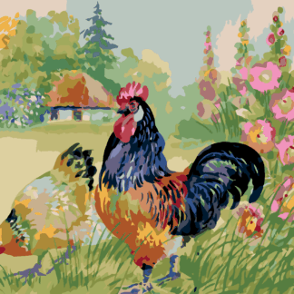 Malování podle čísel - KOHOUT SE SLEPICÍ OBKLOPENI KVĚTINAMI Rozměr: 40x50 cm, Rámování: vypnuté plátno na rám