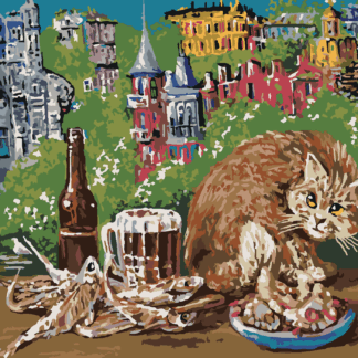 Malování podle čísel - KOČKA S JÍDLEM NA STOLE Rozměr: 80x100 cm, Rámování: bez rámu a bez vypnutí plátna