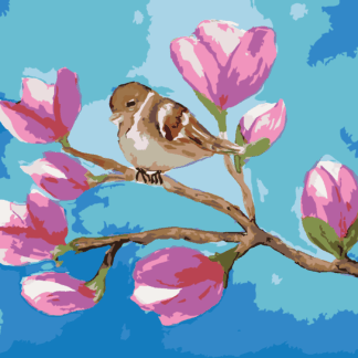 Malování podle čísel - SEDÍCÍ VRABEC NA VĚTVI S KVĚTY MAGNÓLIE Rozměr: 40x50 cm, Rámování: bez rámu a bez vypnutí plátna