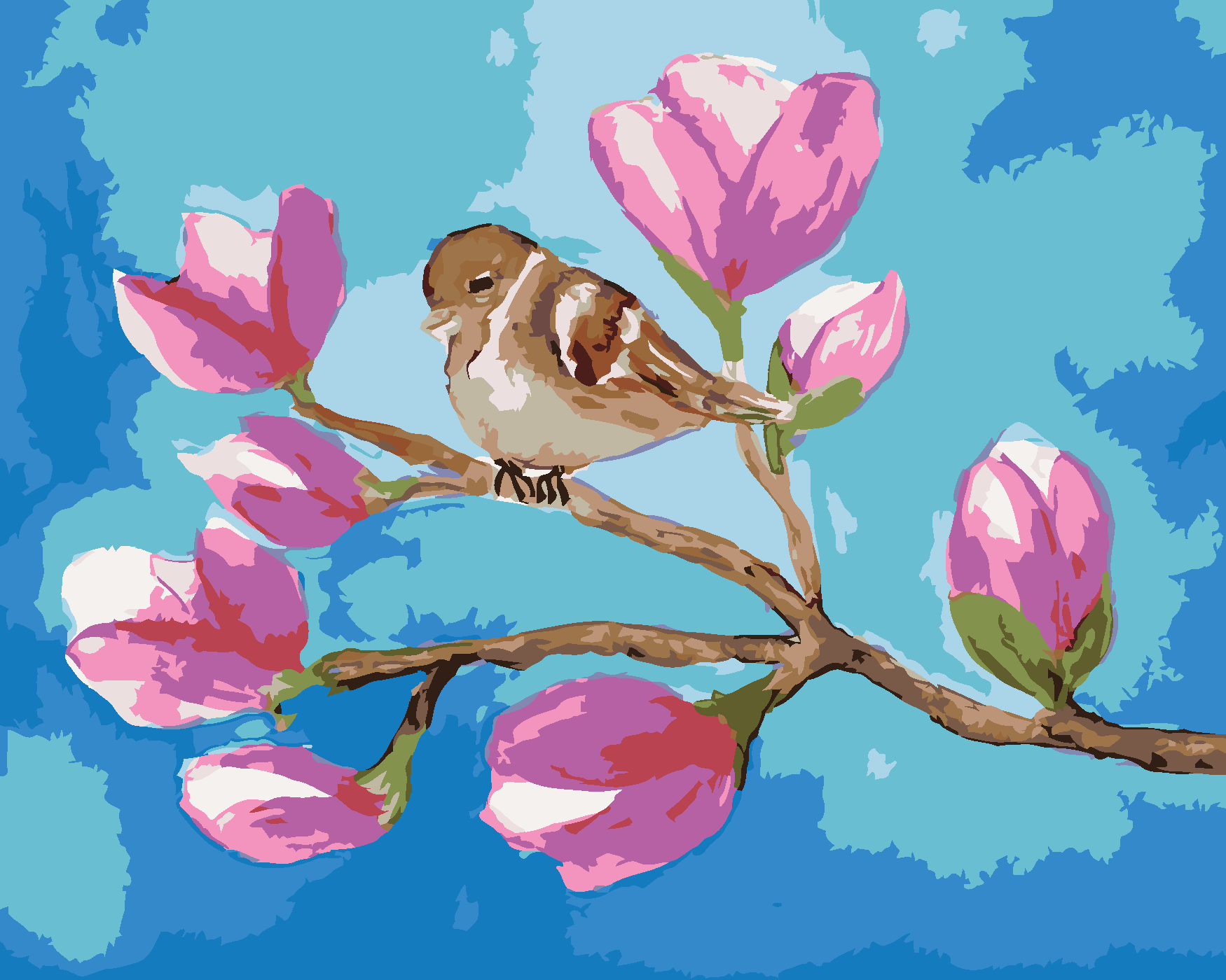 Malování podle čísel - SEDÍCÍ VRABEC NA VĚTVI S KVĚTY MAGNÓLIE Rozměr: 40x50 cm, Rámování: bez rámu a bez vypnutí plátna